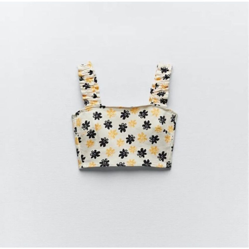 ZARA Floral Denim Crop Top Ruched Back Ruffle wide Straps Bloggers favorite XS - Picture 6 of 8